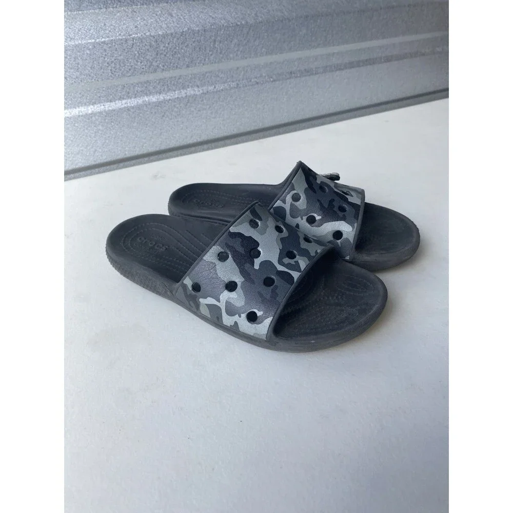 Crocs Classic Camo Slides Black Grey Men 5 Women 7 Camouflage Sandal